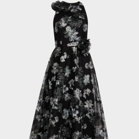 Rickie Freeman Teri John black silver metallic applique tulle midi dress size 4 - Picture 7 of 9